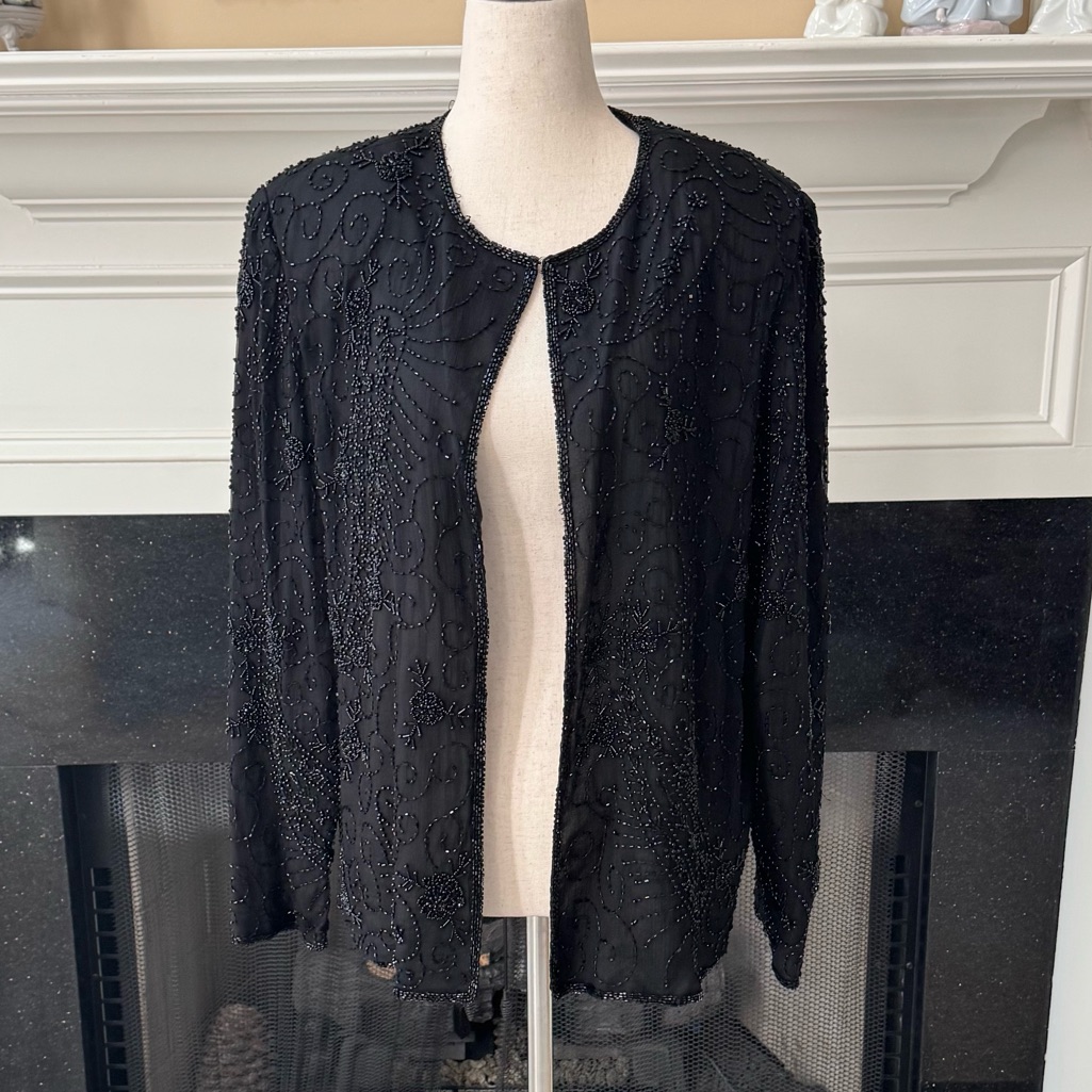 Laurence Kazar Paris New York Beaded Silk Jacket Cardigan Size M